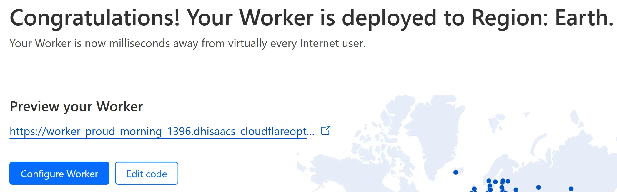 Cloudflare Workers 部署成功后显示预览地址和 Configure Worker 按钮的截图