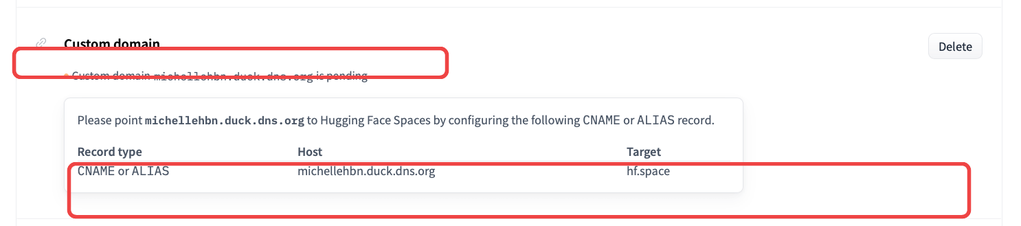 Hugging Face 官方文档里 Custom Domain pending 状态和 CNAME 记录提示截图