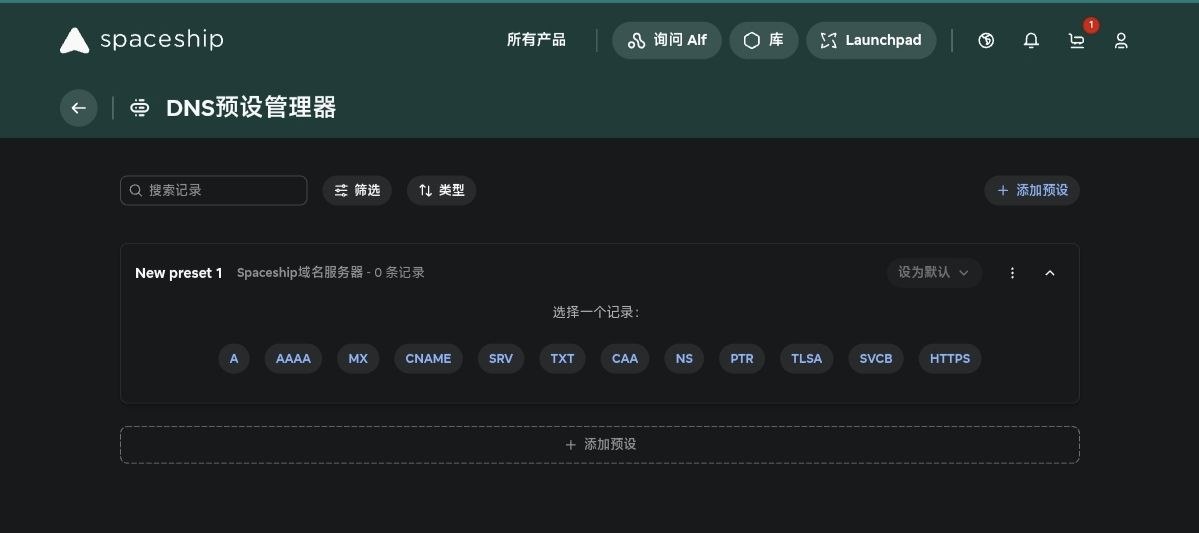 Spaceship DNS 预设管理器选择记录类型区域