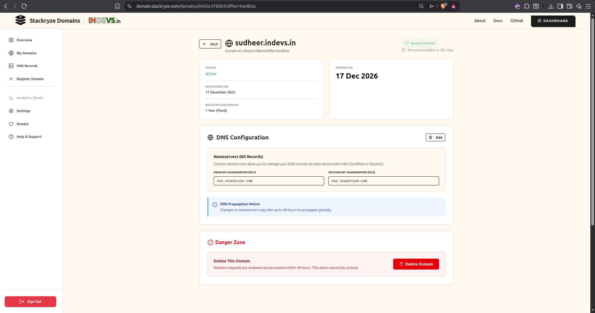 Stackryze 域名详情页的 DNS Configuration Edit 按钮