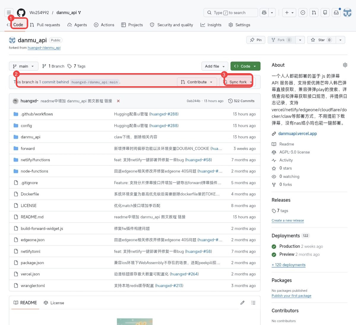 GitHub 仓库 Code 页面提示 fork 落后上游并显示 Sync fork 按钮的截图，已圈出 Code、落后提示和 Sync fork