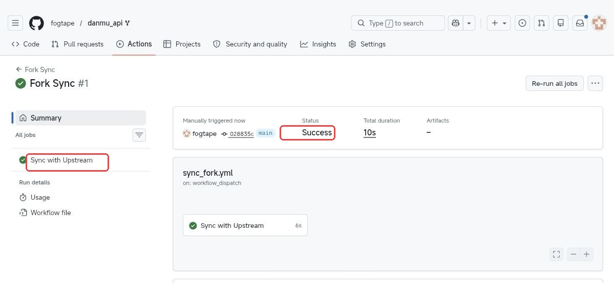 GitHub Fork Sync 工作流运行页面截图，显示 Run workflow 入口