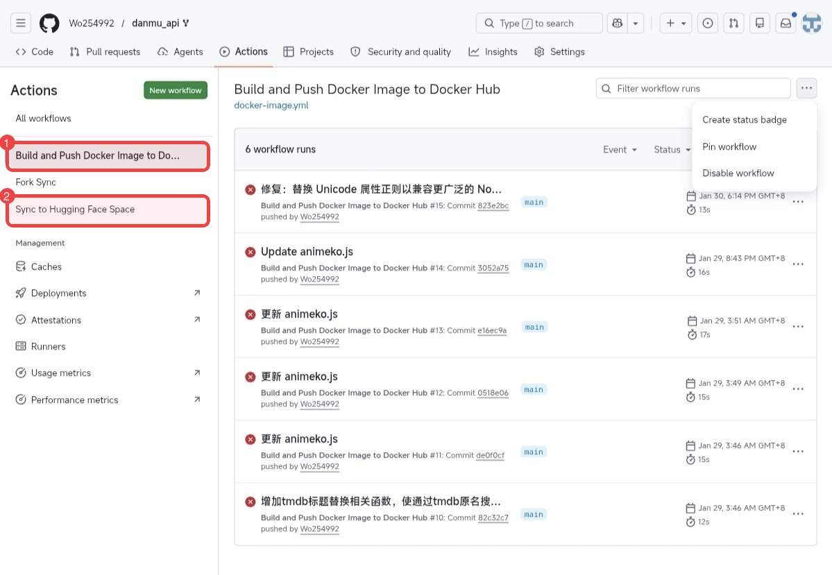 GitHub Actions 左侧两个可选工作流 Build and Push Docker Image to Docker Hub 和 Sync to Hugging Face Space 的截图，已圈出两个工作流