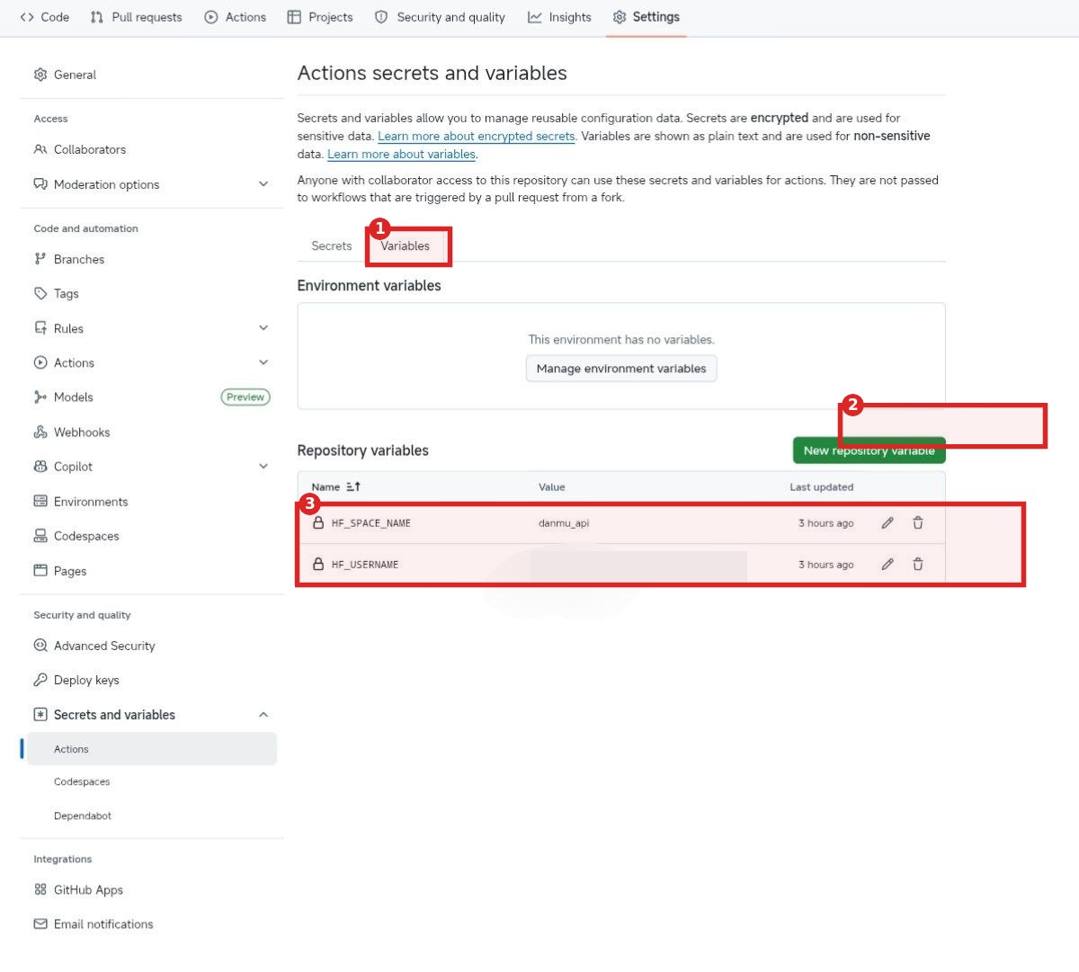 GitHub Actions Variables 页面里添加 HF_USERNAME 和 HF_SPACE_NAME 的实际截图