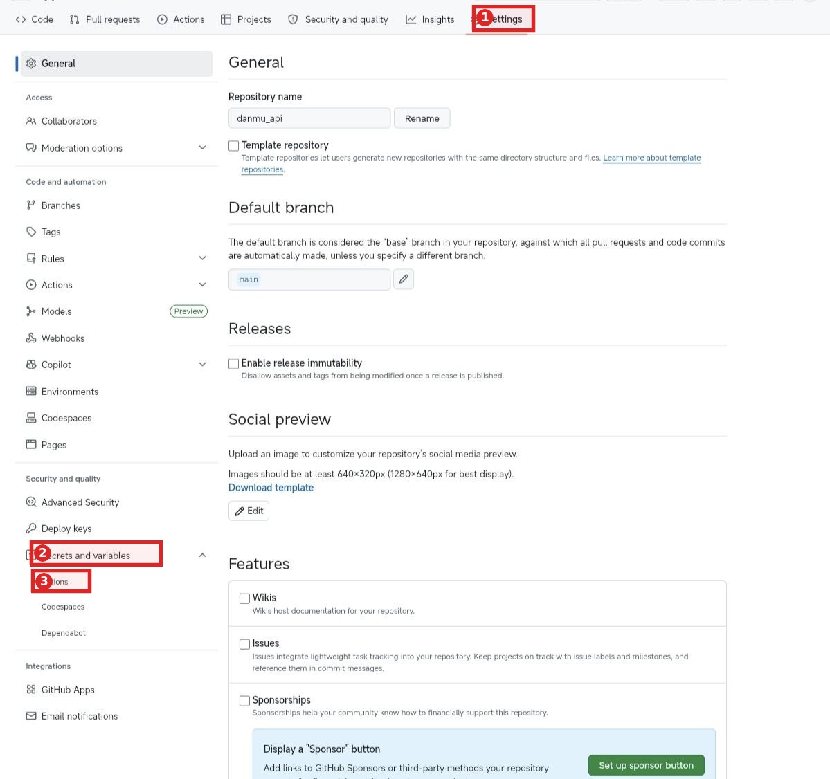 GitHub 仓库 Settings 侧边栏里 Secrets and variables 下 Actions 入口截图