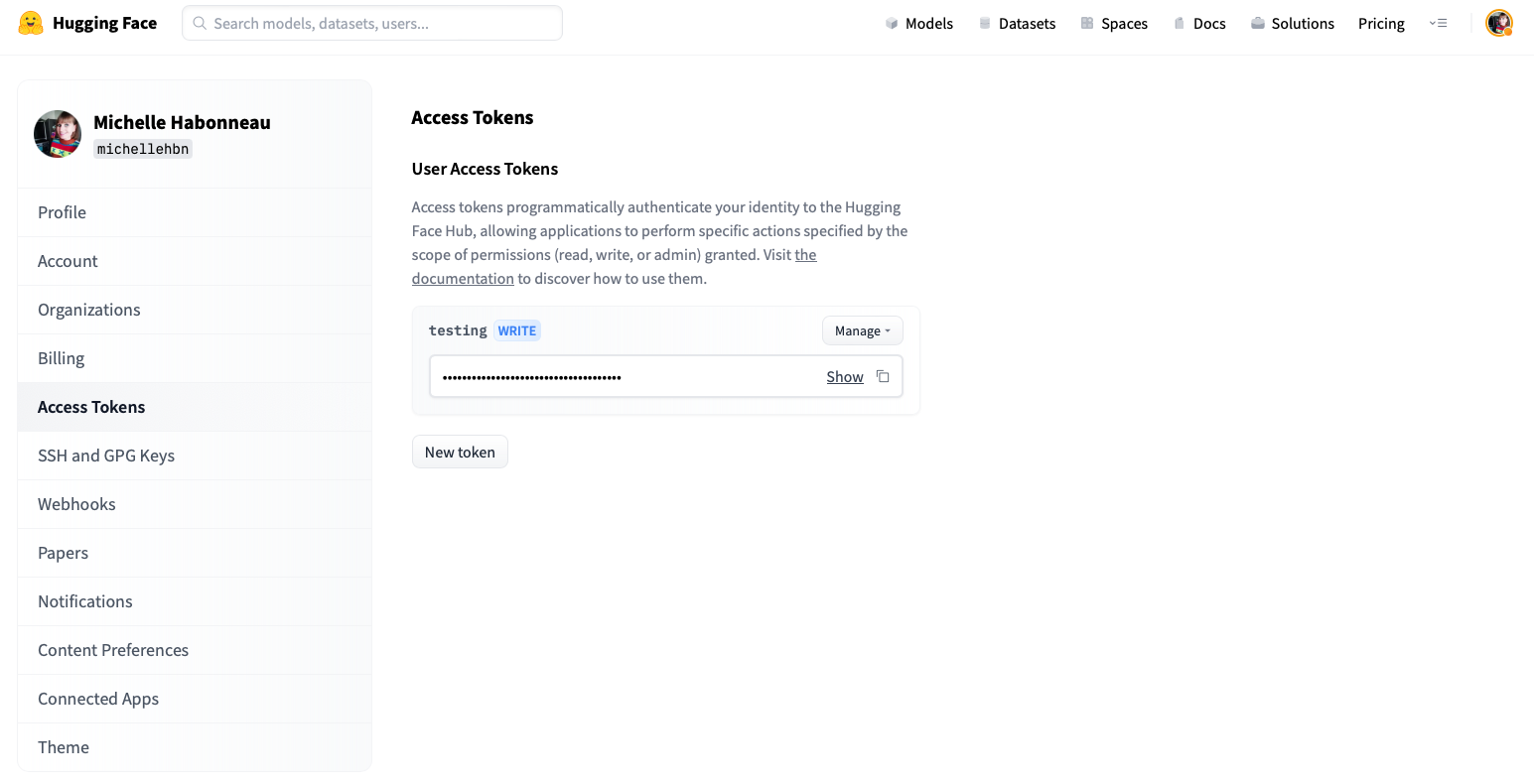 Hugging Face User Access Tokens 页面官方截图