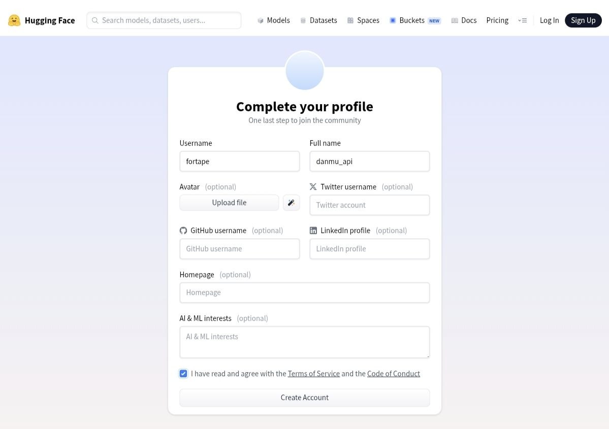 Hugging Face Complete your profile 资料填写页面实际截图