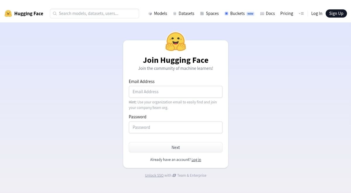 Hugging Face 注册页实际截图，页面包含 Email Address、Password 和 Next 按钮