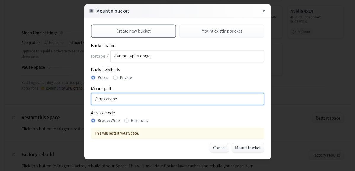 Hugging Face Mount a bucket 弹窗中填写 danmu_api-storage、/app/.cache 和 Read & Write 的截图