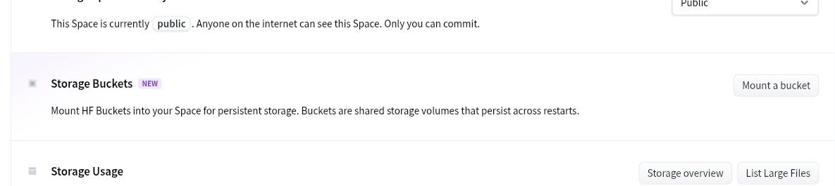 Hugging Face Space Settings 页面里的 Storage Buckets 区域和 Mount a bucket 按钮截图