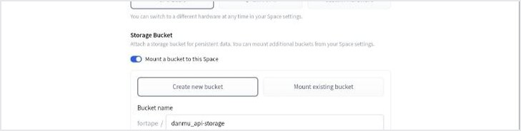 Hugging Face 新建 Space 页面里打开 Storage Bucket 挂载的区域截图