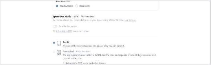 Hugging Face 新建 Space 页面里 Mount path、Access mode 和 Space Dev Mode 区域截图