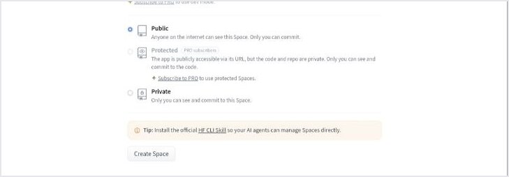 Hugging Face 新建 Space 页面里 Visibility 选择 Public 并点击 Create Space 的区域截图