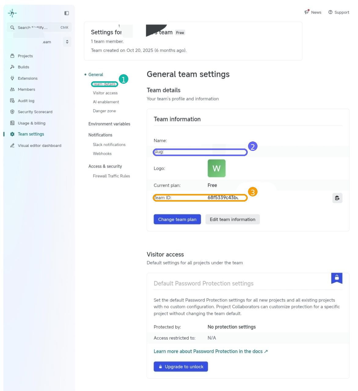 Netlify Team details 页面里 Slug 和 Team ID 位置截图