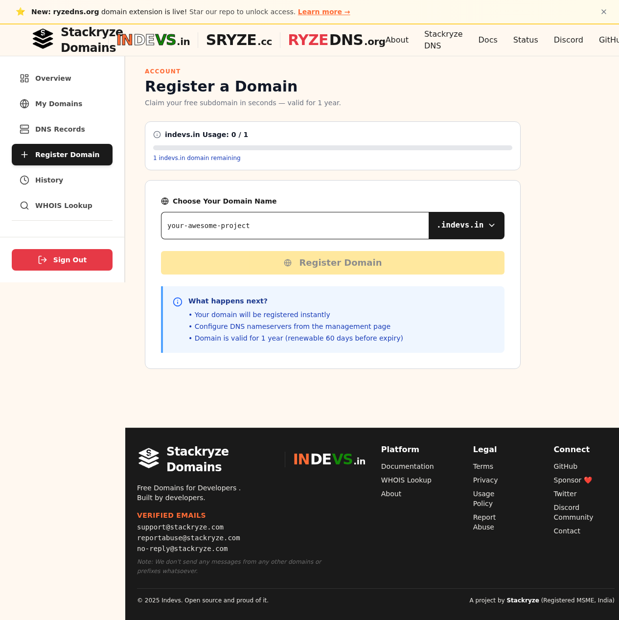 Stackryze Dashboard 左侧 Register Domain 菜单
