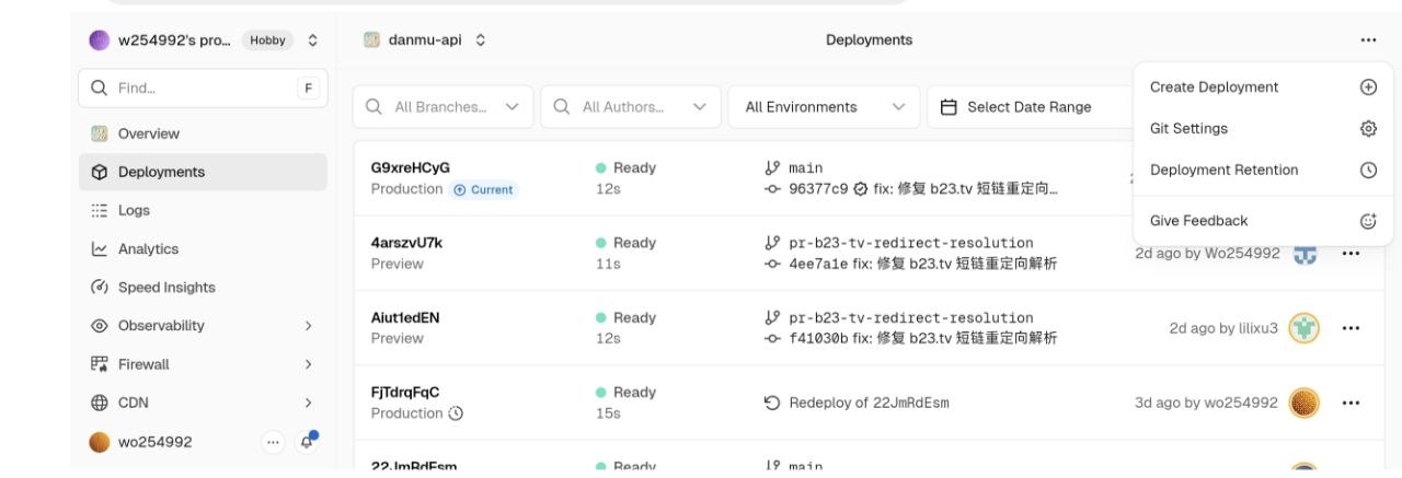 Vercel Deployments 页面右上角菜单中的 Create Deployment